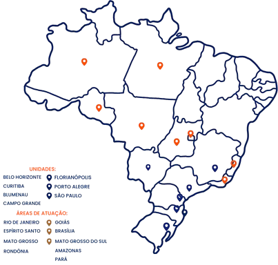Mapa do Brasil com unidades e áreas de atuação da Incomum Viagens